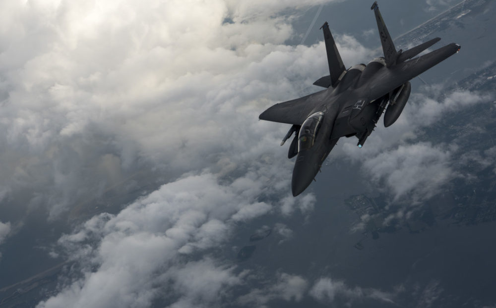 An F-15E Strike Eagle waits to be refueled during a training mission June 12, 2018, above North Carolina. The Strike Eagle is a dual-role fighter designed to perform air-to-air and air-to-ground missions. (U.S. Air Force photo by Airman 1st Class Miranda A. Loera)
