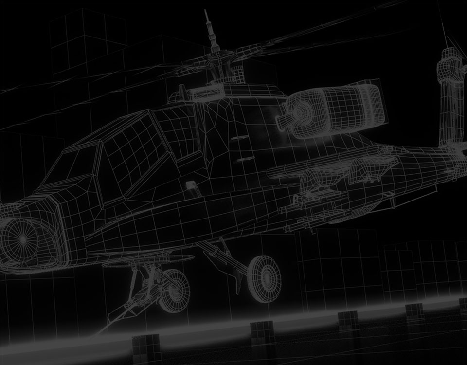 an intricate white outline of a military helicopter on a black background